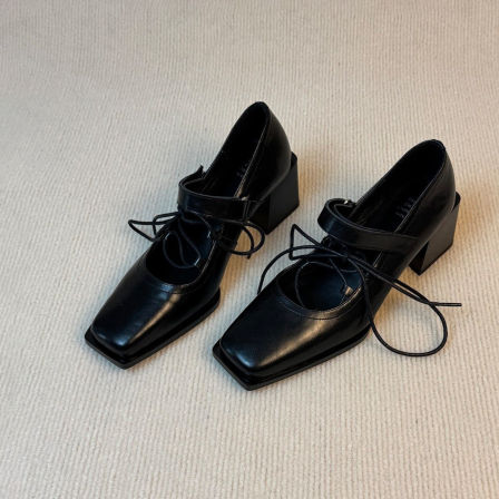 Wheat house ~！法式复古方头交叉带玛丽珍鞋女粗跟气质浅口单鞋