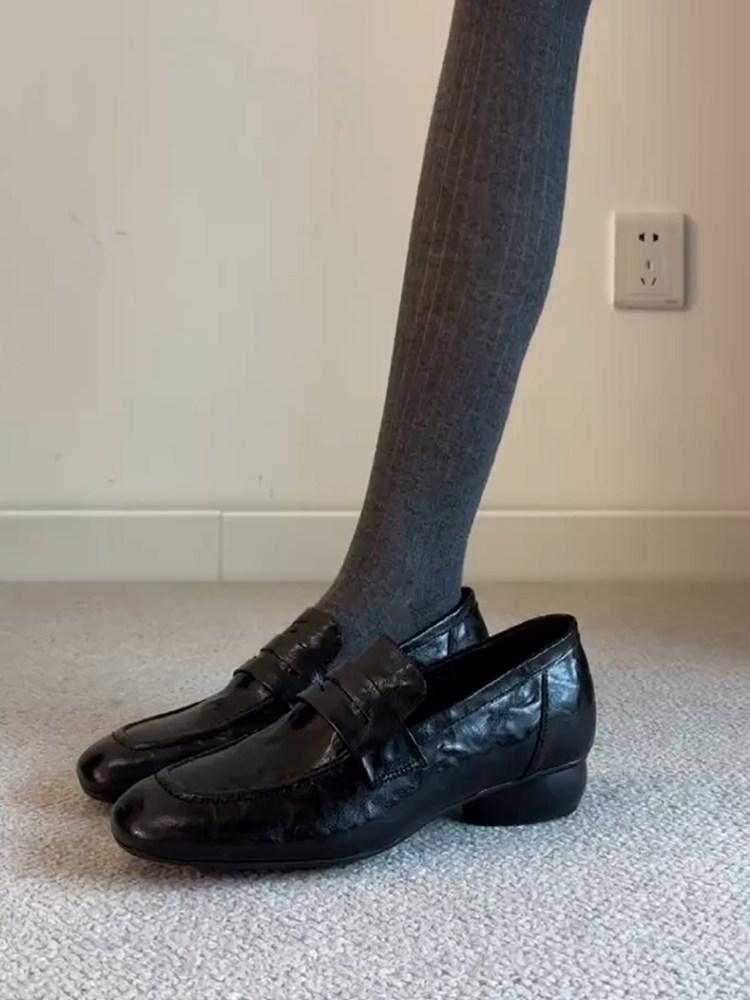 羊皮版~复古简约真皮百搭粗跟乐福鞋女一脚蹬方头通勤新款小皮鞋主图