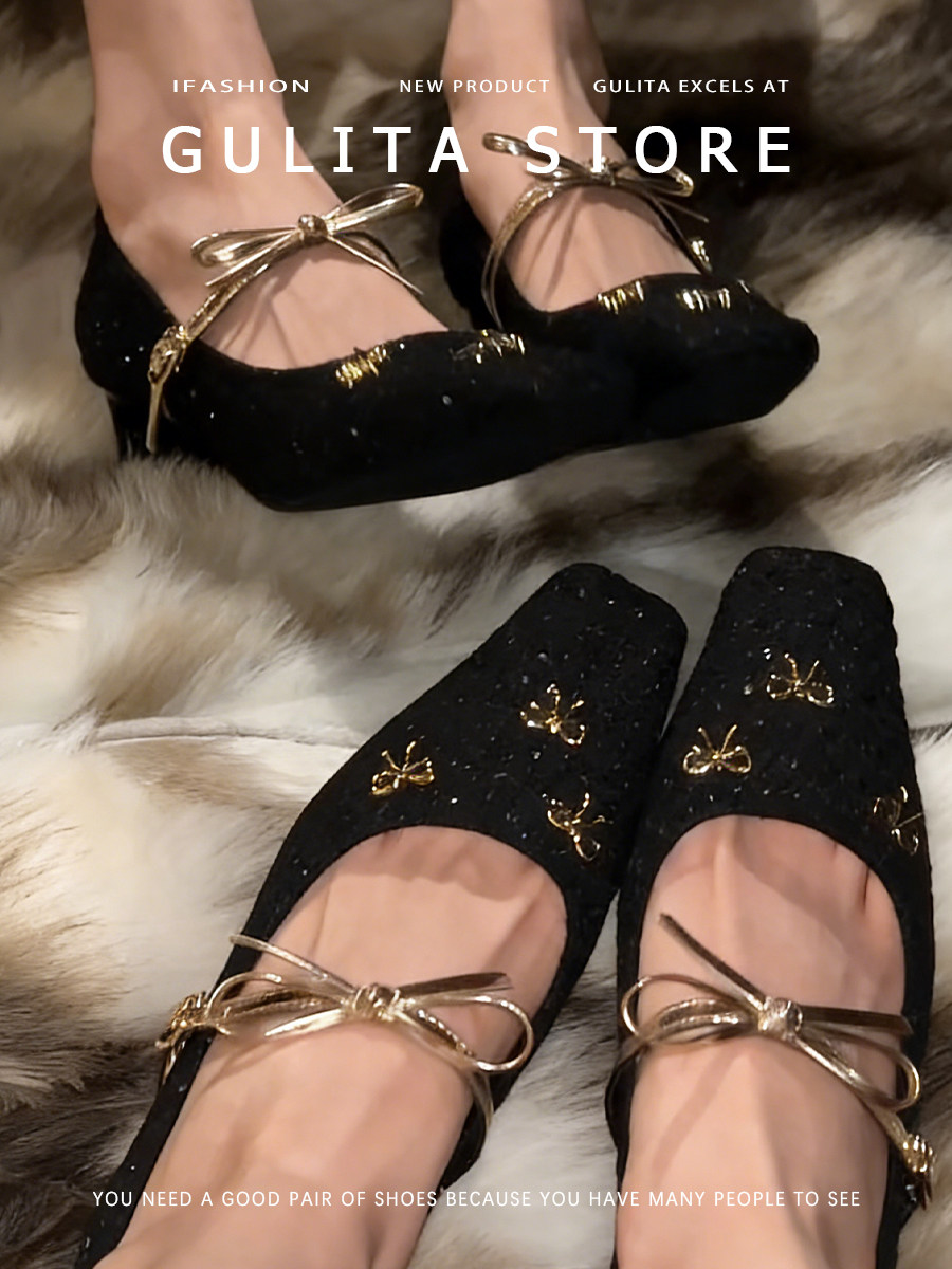 古莉塔法式蝴蝶结方头玛丽珍高跟鞋女配裙子气质通勤浅口粗跟单鞋主图