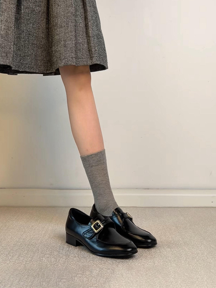 羊皮版~皮带扣深口一脚蹬显瘦小皮鞋女法式英伦风低跟通勤乐福鞋主图