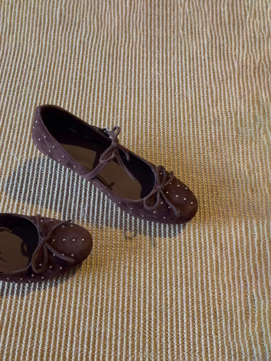 羊皮版~复古铆钉蝴蝶结高跟玛丽珍鞋一字扣带浅口百搭坡跟单鞋女主图