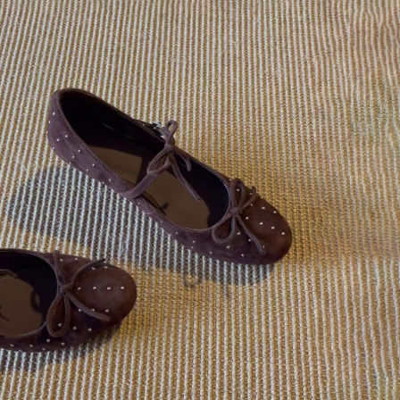 羊皮版~复古铆钉蝴蝶结高跟玛丽珍鞋一字扣带浅口百搭坡跟单鞋女