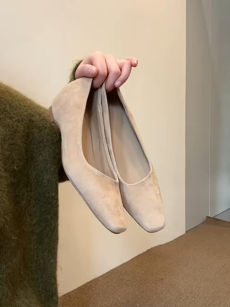 羊皮版~温柔杏色绒面工作鞋女内增高简约方头一脚蹬百搭通勤单鞋主图