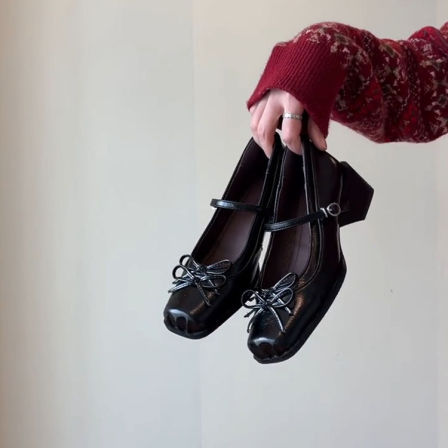 羊皮版~甜美风真皮玛丽珍鞋女一字带蝴蝶结粗跟芭蕾风通勤小皮鞋