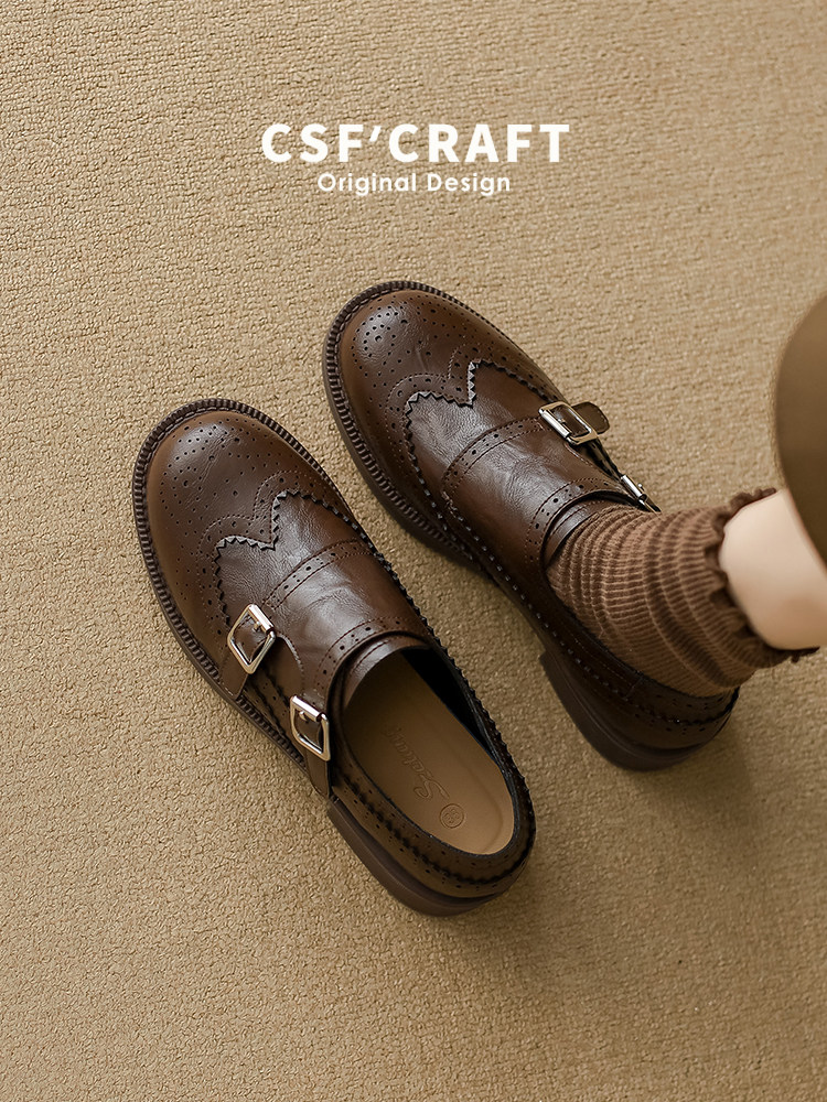 不累脚真皮软底小皮鞋女2026新款布洛克雕花双搭扣单鞋复古乐福鞋主图