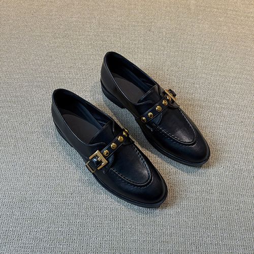 羊皮版~复古老钱风铆钉皮带扣乐福鞋女通勤平底小皮鞋百搭单鞋主图