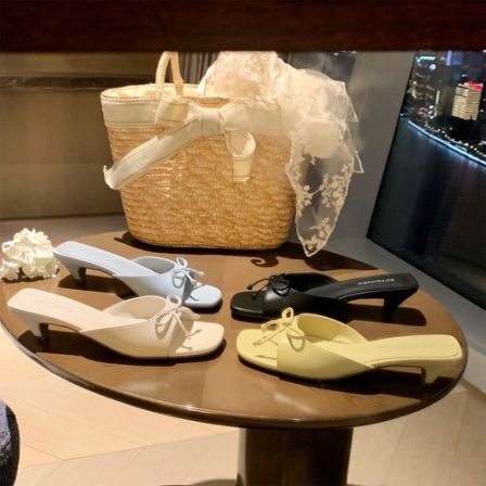 【直播间微瑕疵】葡萄妈studiolee4.5cm法式甜美蝴蝶结增高细跟凉拖