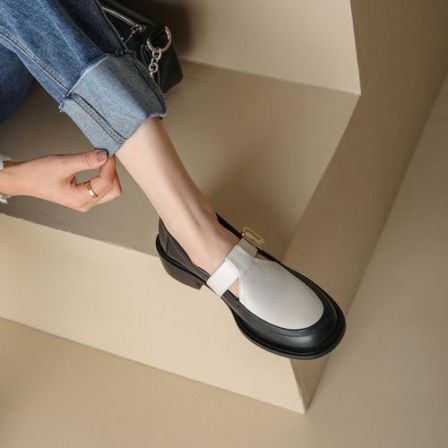 英伦风拼色厚底乐福鞋女春2024年新款圆头镂空小皮鞋百搭中跟单鞋