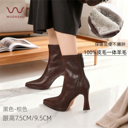吴大叔羊毛高跟保暖尖头袜靴弹力瘦瘦靴冬季厚毛细跟靴TF132009M