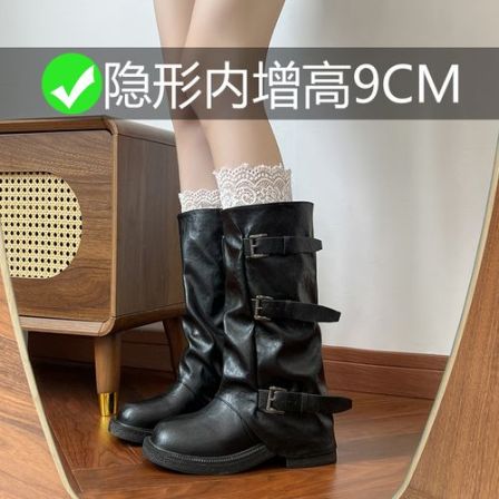 辣妹库管靴~9CM增高中筒西部骑士靴女厚底皱褶堆堆靴短靴女马丁靴