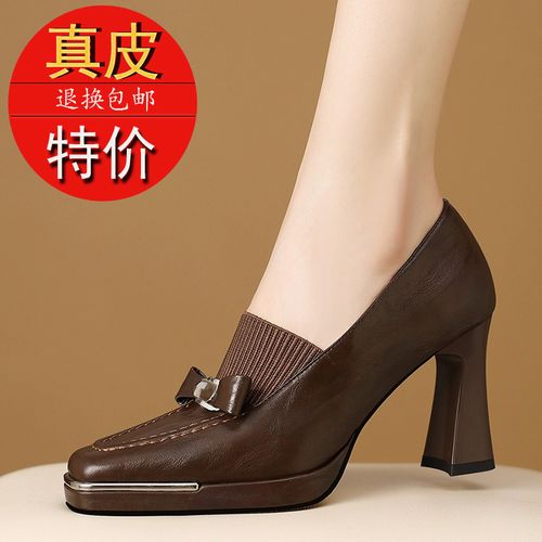 真皮法式气质松紧口方头时装高跟鞋厚底增高粗跟休闲百搭小皮鞋女主图