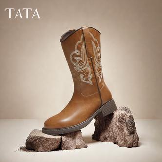 【琥珀流光】TATA他她2025冬新款休闲长靴复古粗跟时装靴子YXE01DS5