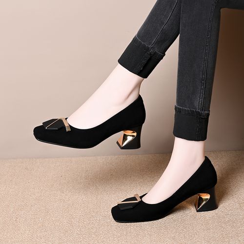 真皮羊皮磨砂七字扣方头浅口高跟鞋春秋新款百搭粗跟一脚蹬单鞋女主图