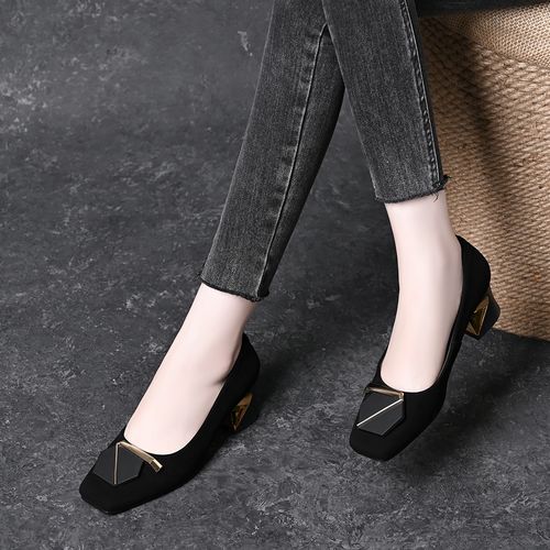 真皮羊皮七字扣浅口单鞋女2025春秋新款磨砂方头粗跟一脚蹬工作鞋主图