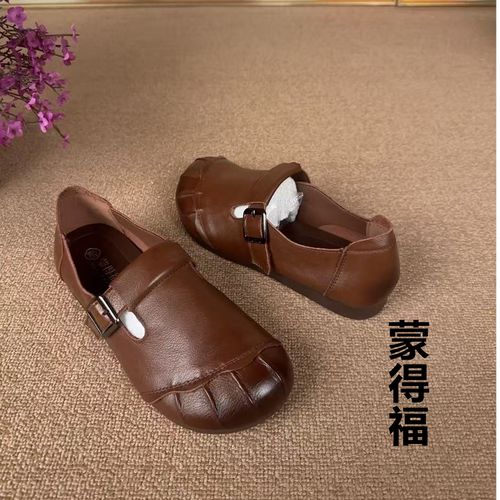 一字式扣带防臭透气防滑中口单鞋妈妈鞋圆头豆豆鞋主图