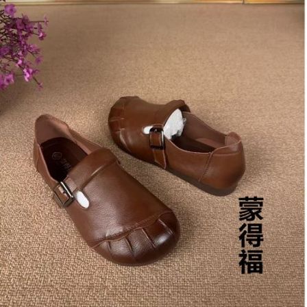 一字式扣带防臭透气防滑中口单鞋妈妈鞋圆头豆豆鞋