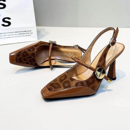 法式细跟方高跟鞋洋气气质豹纹头玛丽珍鞋新款夏季包头后空凉鞋