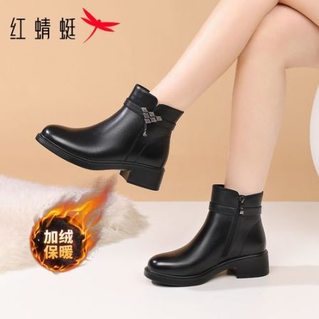 红蜻蜓新款增高真皮短靴女2025冬季加绒保暖粗跟女靴中年妈妈棉靴