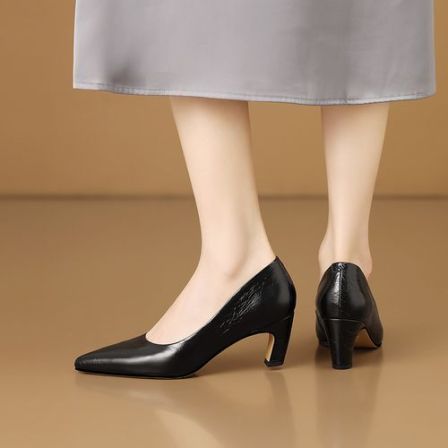 6cm头层牛皮粗跟浅口单鞋尖头百搭职业工作鞋春秋皮鞋通勤高跟鞋