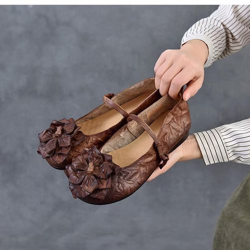 2026春夏新款头层牛皮软底女鞋民族风花朵文艺复古休闲浅口单鞋女主图