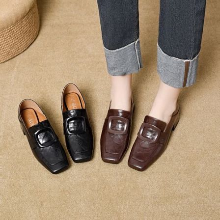 2025春秋一脚蹬乐福鞋英伦粗跟中口方扣单鞋时尚百搭复古方头女鞋