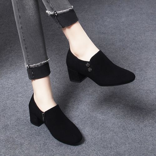 8845新款女鞋春季羊皮女士单鞋女中跟粗跟真皮皮鞋女款绒面乐福鞋主图