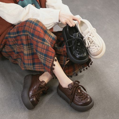 2026春新款头层牛皮松糕厚底单鞋休闲时尚百搭复古增高系带小皮鞋主图