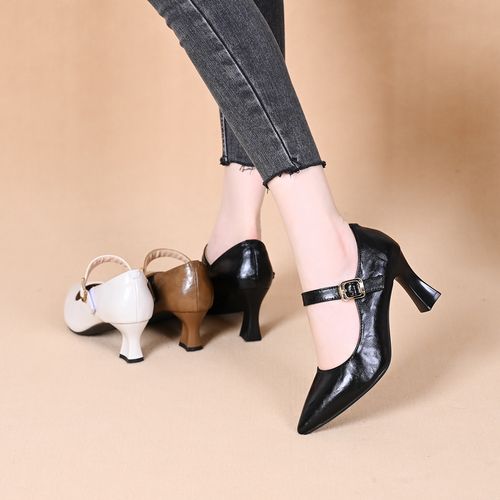 尖头一字带浅口口粗尖头单鞋2025春秋舒适百搭新款通勤高跟鞋主图