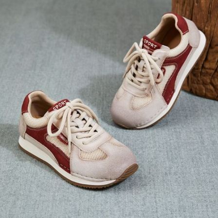 春季新款复古透气百搭平底系带真皮女休闲运动鞋