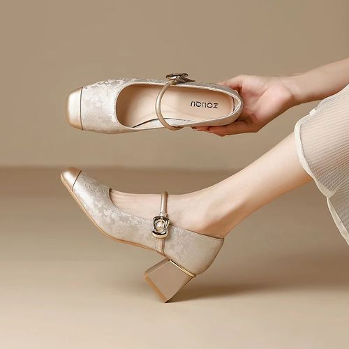 【花晨月夕】5CM软底真皮粗跟鞋女方头一字带玛丽珍百搭新中式单鞋主图