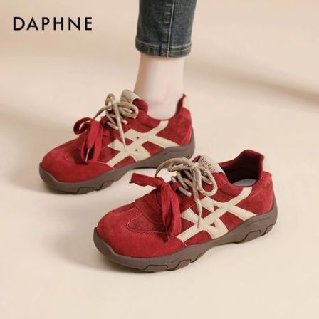达芙妮红色德训鞋女春季2026新款运动鞋厚底复古爆款巨好看休闲鞋