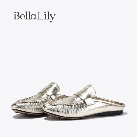 BellaLily2026春季新款小众羊皮包头半拖鞋女做旧款质感金色单鞋
