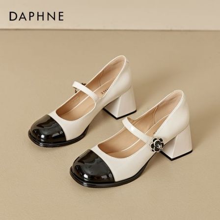 达芙妮复古小皮鞋2026春季新款浅口单鞋高跟鞋黑白拼色玛丽珍女鞋