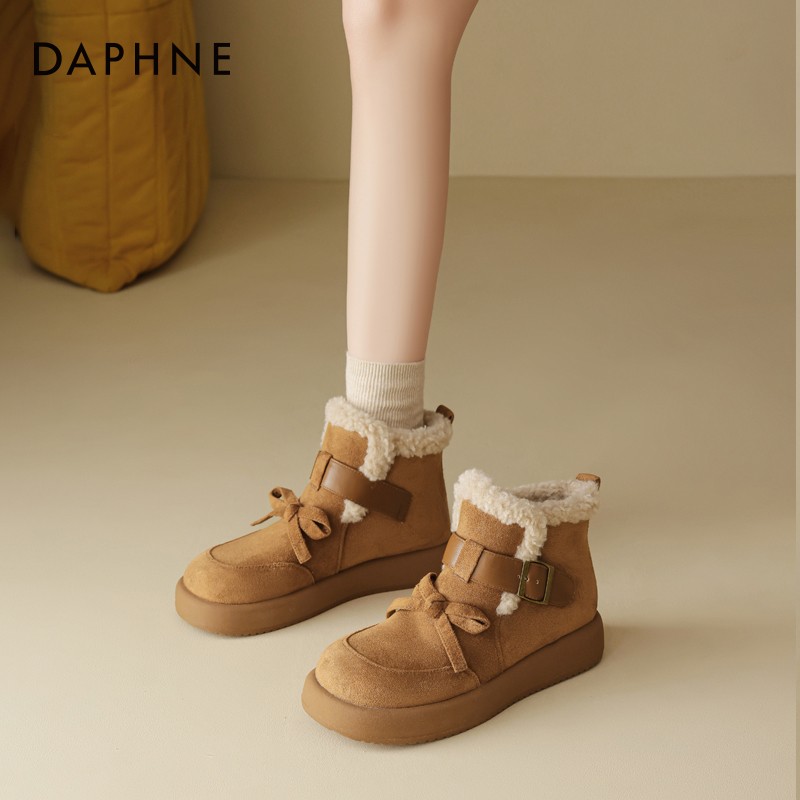 达芙妮厚底雪地靴女2025冬季新款加绒加厚魔术贴复古短靴毛毛鞋主图