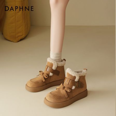 达芙妮厚底雪地靴女2025冬季新款加绒加厚魔术贴复古短靴毛毛鞋