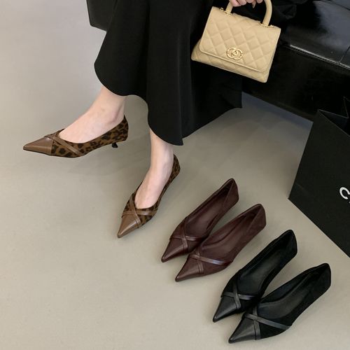 2026春新款细跟尖头交叉单鞋黑色职业高跟鞋浅口软底低跟百搭女鞋主图