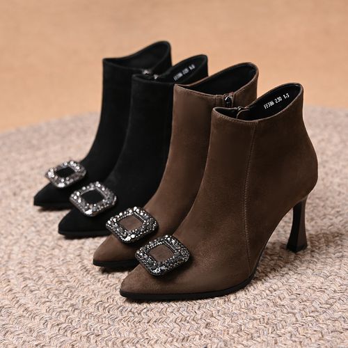 真皮羊皮水钻方扣高跟短靴女秋冬新款尖头绒面侧拉链百搭及踝靴主图