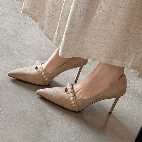 8.5cm珍珠尖头浅口单鞋女春秋百搭细跟高跟鞋气质温柔风职场女鞋主图
