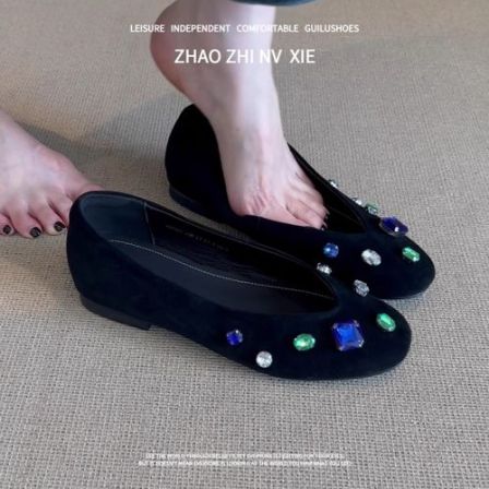 羊皮版~韩版时尚浅口单鞋女圆头舒适平底简约温柔风水钻芭蕾舞鞋