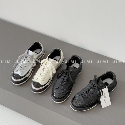 25ss新款小香风黑白熊猫拼色圆头系带厚底舒适休闲鞋女薄底板鞋女主图