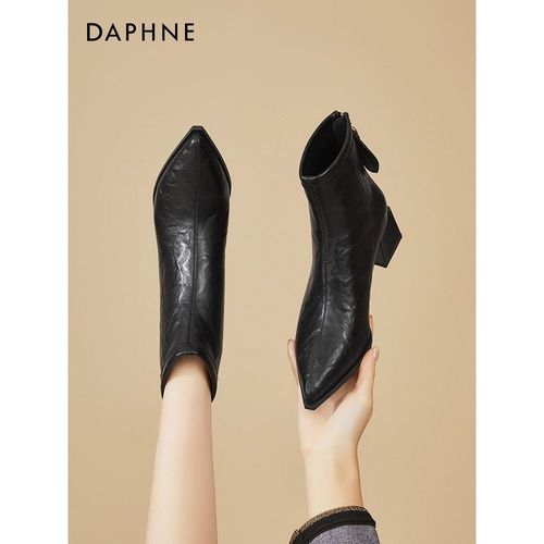 达芙妮粗跟短靴女2025新款冬季加绒妈妈皮鞋英伦风皮鞋尖头瘦瘦靴主图