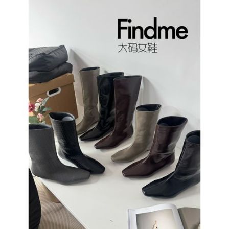 [Findme大码女鞋41-43]气质欧尼～秋季新款尖方头软皮长筒平底短靴