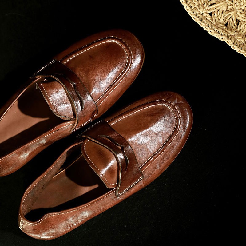 水洗马皮单鞋软底平跟手工缝线乐福鞋通勤女鞋秋季新款百搭主图