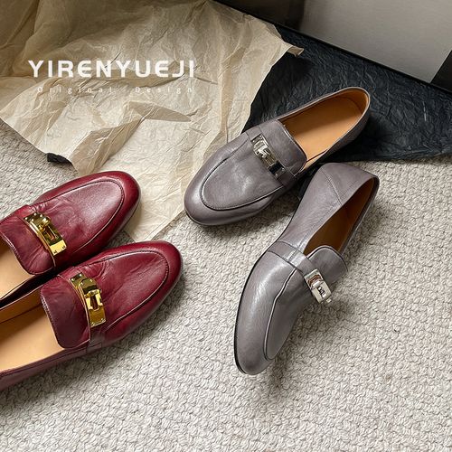 伊人悦己设计感小众马皮酒红色锁扣乐福鞋女英伦风真皮平底单鞋女主图