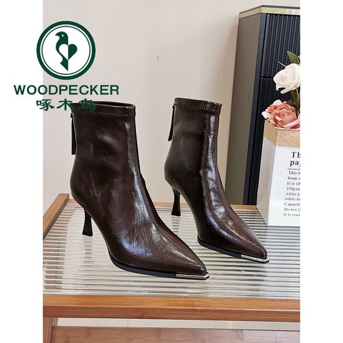 啄木鸟尖头短靴女秋法式气质细跟高跟时装靴新款小众瘦瘦靴配裙子主图