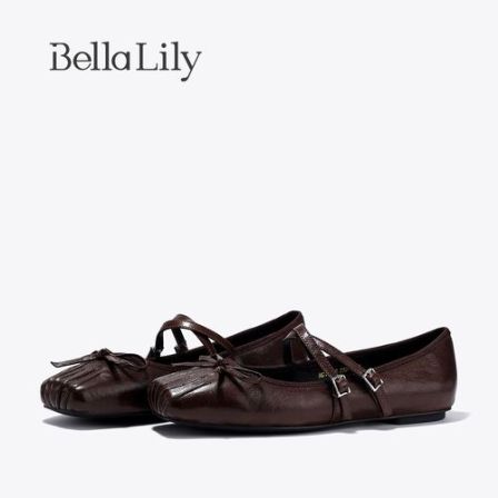 BellaLily冬季新款小众气质方头玛丽珍羊皮浅口单鞋女平底鞋