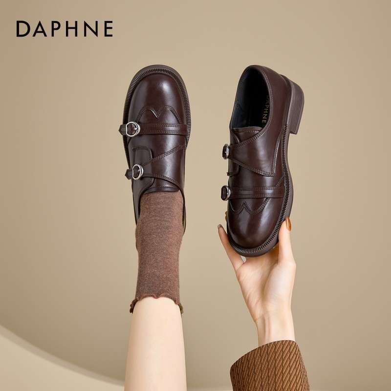 达芙妮双扣带一脚蹬乐福鞋女款2026新款复古厚底小皮鞋布洛克单鞋主图