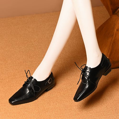 复古英伦风方头系带乐福鞋女2026春季新款粗跟皮带扣深口低跟单鞋主图