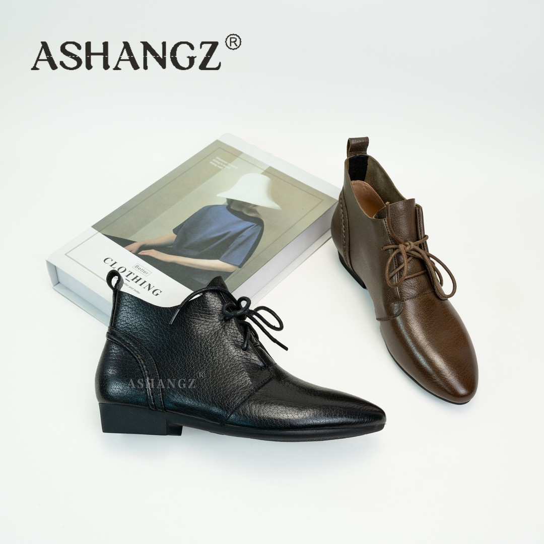 [艾尚周]平底秋冬季短靴时装靴尖头系带透气马丁靴女靴主图