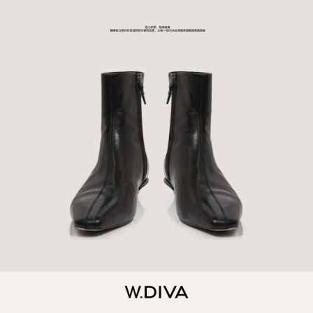 W.Diva【雅致】麂皮绒尖头粗跟真皮短靴侧拉链时尚DWZWXD0088魏老板